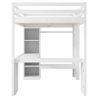 Produktbild von Flieks Etagenbett 140x200cm mit Schreibtisch und Regal, Kinderbett Jugendbett Hochbett mit Led und Ladefunktion, Stockbett Doppelbett Weiß