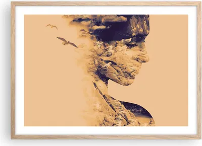 Produktbild von Gerahmtes Poster - Rahmen in heller Eiche - Frau Vögel Fotomontage - 70x50 cm - Wand Bild - Wanddeko - Wandbilder - Wandposter - Bilderrahmen - Bilder - Kunstdruck - Wandbild - P2NAA70x50-4246