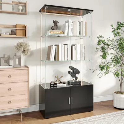 Immagine prodotto di Vetrina con 3 ripiani, illuminazione a LED, serratura, spazio contenitivo, colore nero, dimensioni 78,5 x 35 x 164 cm