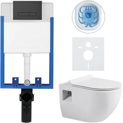 Zdjęcie produktu dla Kompletny zestaw WC podtynkowy Lite/Dure - biały, połyskujący - przycisk spłukiwania Slim, czarny, matowy - do zabudowy - 51x35 cm