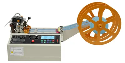Obrázok produktu pre Automatický rezací stroj na pásy a popruhy – stroj na rezanie za studena/za tepla, 400 W, 220 V, zástrčka typu EU – šírka 1–98 mm, 110 kusov/minútu, 0–450 °C – biela farba