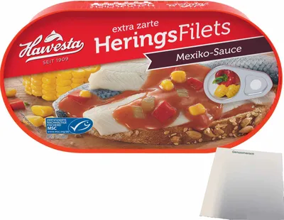 Produktbild von Hawesta Heringsfilets Mexiko-Sauce MSC (200g Dose) + usy Block