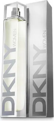 A bottle of DKNY Women Energizing perfume and its packaging stand side-by-side against a white background.