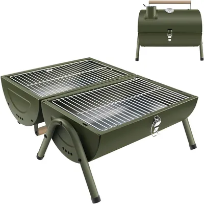 Immagine prodotto di Griglia portatile a carbone - Cucina da esterno compatta - Ideale per cucinare all'aperto - Con termometro - Superficie di cottura di 33,7 cm - Verde