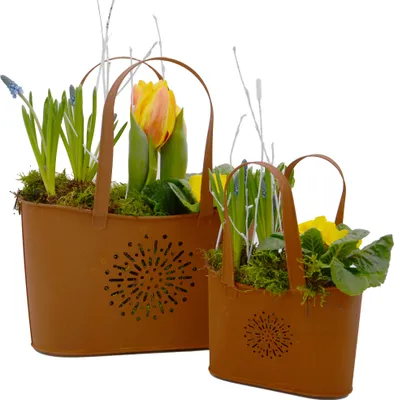 Two decorative metal planters filled with spring flowers, presented against a white background.