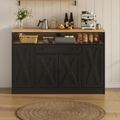 Immagine prodotto di Mobiletto da cucina laterale Merax con 4 ante a griglia e cassetto, comò con illuminazione LED, mobile da soggiorno con frontali a forma di X in MDF, colore nero