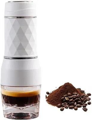 Produktbild von Handbetriebener portable Kaffeezubereiter, geeignet für Kapseln und gemahlenen Kaffee, kleiner tragbarer Kaffeezubereiter für unterwegs, ideal für Camping, weiß