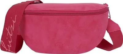 A pink fanny pack is shown against a white background.