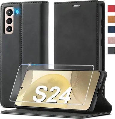 Obrázok produktu pre Ailicici Samsung Galaxy S24 Cover, kožený flipový kryt s ochrannou fóliou, peňaženkové puzdro Black