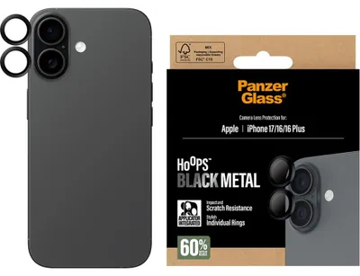 Obrázek produktu pro PanzerGlass ® Hoops® Camera Lens Protector Black iPhone 17 | iPhone 16 | 16 Plus, Apple, Apple - iPhone 17, Apple - iPhone 16, Apple - iPhone 16 Plus, Aplikace nasucho, Odolné proti poškrábání, Odolný proti nárazům, Černá, 1 kusů