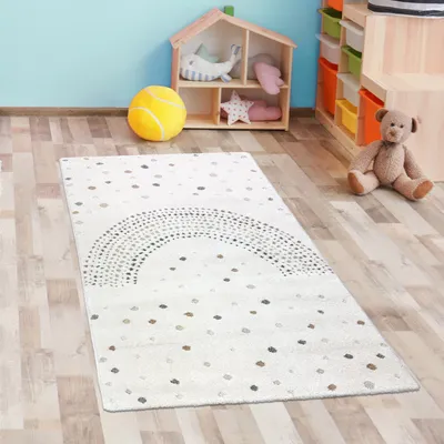 Zdjęcie produktu dla Czarujący dywan dziecięcy z efektem 3D w tęczowe kropki w kolorze kremowym rozmiar - 80 x 150 cm