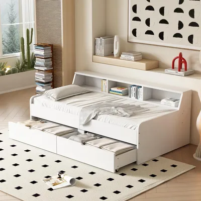 Produktbild von Merax Tagesbetten 90x200 cm, mit 2 Schubladen, Ablagefach, Daybett, Schlafsofa, Kinderbett, Jugendbett, Gästebett, Massivholzbett, Einzelbett, Beige