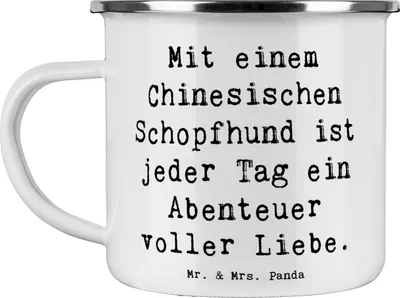 Produktbild von Mr. & Mrs. Panda Emaille Becher Spruch Chinesischer Schopfhund Abenteuer - Weiß - Geschenk, Hunderasse, mutige Hunde, Charakter, Hunderassen, Teetasse, Campingtasse, Pott