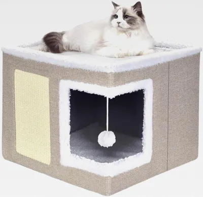 Produktbild von Katzenhöhle,Katzenbetten,Katzenhaus, Faltbare Katzenbetthöhle mit Kratzbrett und Spielball, Faltbare Katzenbetthöhle zum Schlafen, Verstecken, Spielen & Kratzen