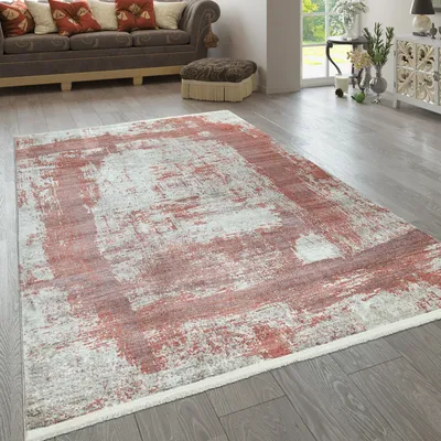 Immagine prodotto di Tappeto a pelo corto rosso beige soggiorno Design a quadri astratto Effetto Quadrato Dimensioni 80x150 cm