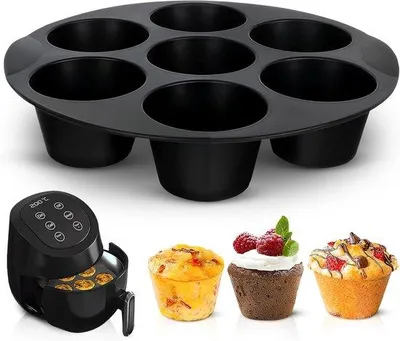 Produktbild von Silikonform Heißluftfritteuse - 7 Mulden - 20 cm - Muffinform - Silikon-Backform - antihaftbeschichtet - für Muffins, Cupcakes, Brownies - Schwarz