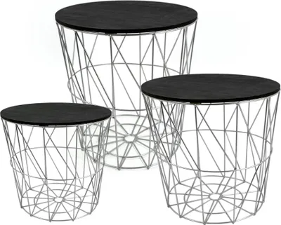 Three wireframe tables with black tops on a white background.