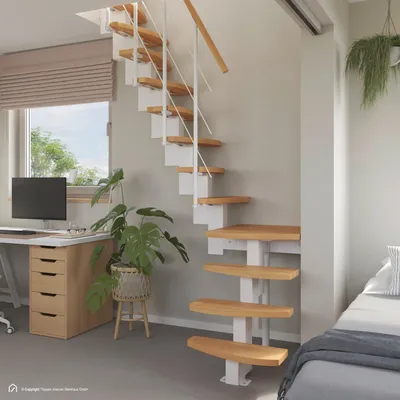Produktbild von Raumspartreppe Intercon Quadro | Polar-Weiß | Stufen: Buche-Natur | 13 Stufen + Podest für Geschosshöhen von 266-322 cm | 1/4 gewendelter Verlauf