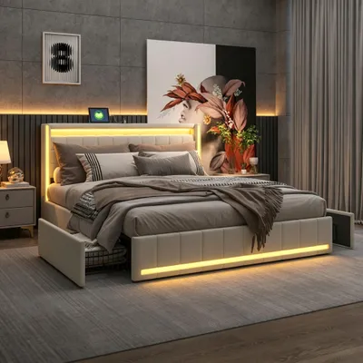 Produktbild von INONEFT Polsterbett 140x200cm mit LED und USB-Steckdosen, Doppelbett mit 4 Schubladen, Massivholzbett Stauraumbett Bettgestell mit Lattenrost, Leinen