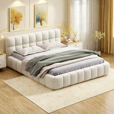 Image de Lit double 160x200 à bulles,Cadre de lit avec sommier à lattes,Lit rembourré plat pour Adolescents et Adultes,Beige Lin, sans Matelas