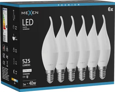 Obrázek produktu pro Mexen Nova 6x LED žárovka plamínek E14, C37, 5W, Neutrální - 4000K, 525 lm - L106-E14-0540-01x06