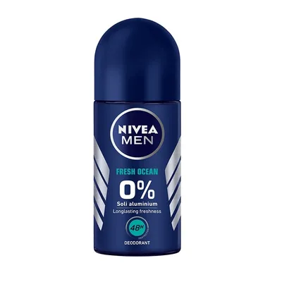 A Nivea Men Fresh Ocean Roll-On Deodorant is shown against a white background.