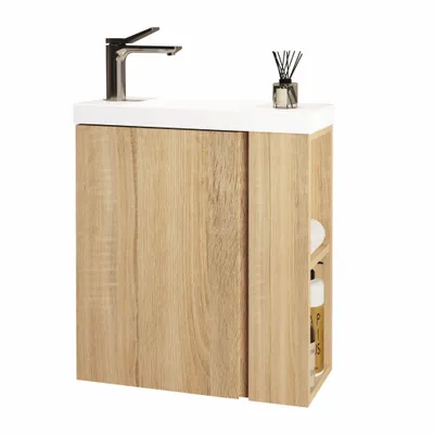 Produktbild von JINDOLI Waschtisch mit Unterschrank 55 cm, Vormontiert, Waschbecken aus Mineralguss mit silberner Armatur, Kompaketes Badmöbel-Set, Sonoma Eiche