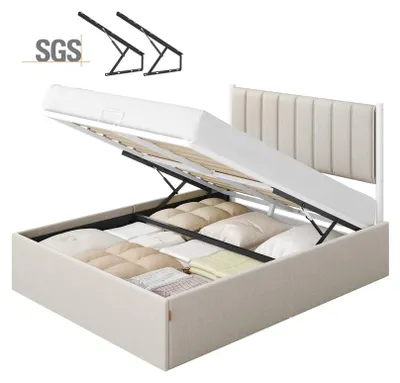 Productafbeelding van Bedframe 140 x 200 cm met opbergruimte en hoofdeinde | Cappuccinobeige | 143,4 x 209,3 x 110 cm