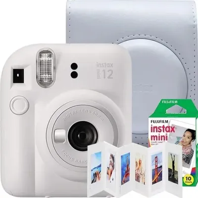 Produktbild von Fujifilm Instax Mini 12 Sofortbildkamera-Set, Clay White mit Fujifilm-Abdeckung, 6-Positionen-Akyta-Rahmen und 1x10 Film
