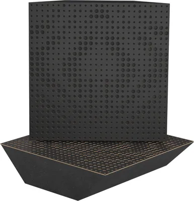 Two black acoustic bass traps are shown against a white background. One is upright, and the other is angled in front of it.