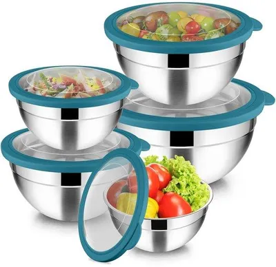 Produktbild von Unyqoos® 5‑teiliges Rührschüssel-Set aus Edelstahl mit luftdichten, transparenten Deckeln (4,5/2,7/1,5/1,2/0,7 L) – stapelbar, spülmaschinenfest