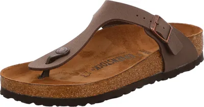 A single brown Birkenstock flip-flop is shown against a white background.