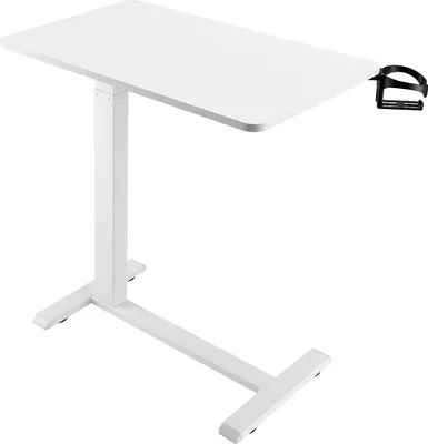 A white adjustable height desk with a black clip on the side, shown against a white background.