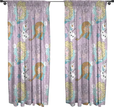 Two curtains with a Frozen theme, featuring characters and text.