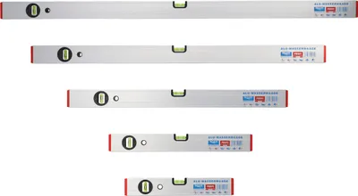 Image de set de niveaux à bulle en aluminium rabo, 5 pièces : 30 + 40 + 60 + 80 + 100 cm Profi" - profilé creux en aluminium 50×23 mm, fioles ajustables, précision de mesure 0,5 mm/m, anodisé naturel, protégé contre les chocs, Germany