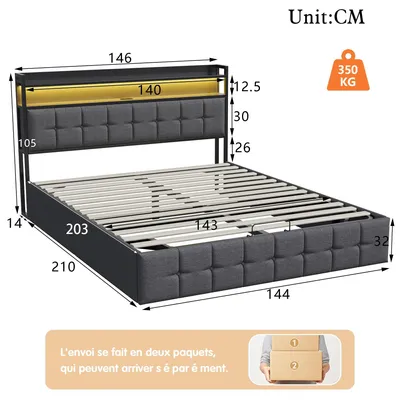 Image de Lit rembourré - Lit double - 140 x 200 cm - Avec rangement - Éclairage LED et port USB - Sommier à lattes - Tissu en lin gris foncé