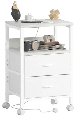 Nachtkästchen mit USB & Steckdosen, 2 Schubladen, weiß