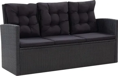 A black outdoor lounge sofa with cushions, shown from the front.