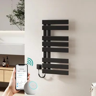 Produktbild von EMKE Elektrischer Handtuchheizkörper, APP Smart Steuerung mit Wochenprogramm, Funktions-Upgrade, 85x40 cm, 440 W, Schwarz, Handtuchtrockner