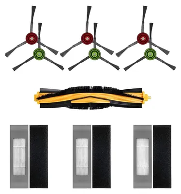 A set of replacement parts for a robot vacuum cleaner, including side brushes, a main brush, and filters.