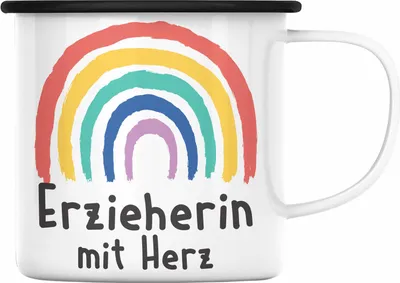 Produktbild von Trendation - Erzieherin Emaille Tasse Geschenk mit Herz Geschenke Abschiedsgeschenk mit Spruch Emaille Emaille Tasse Kindergärtnerin (Schwarz)