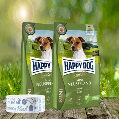 Produktbild von Happy Dog Sensible Mini Neuseeland 2 x 4 kg + Happy Dog Futternapf geschenkt