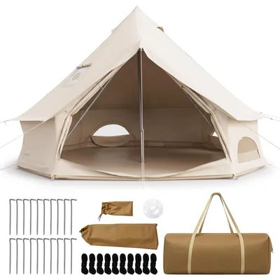 Produktbild von COSTWAY Glockenzelt φ3x2m, Jurten Zelt mit Ofenöffnung, Netzfenstern & Türen, belüftetes Campingzelt für 2-4 Personen, für Familiencamping
