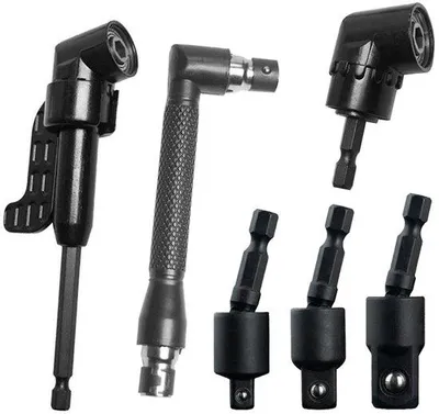 Produktbild von Stählernes 6-teiliges Bohrset mit 3 360-Grad-Drehadaptern 1/4", 3/8" und 1/2", 2 105-Grad-Schraubendrehern und 90-Grad-Bohrern.
