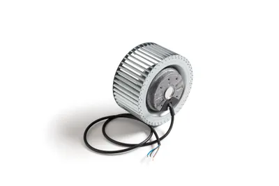 A product shot of a fan motor with a cable on a white background.