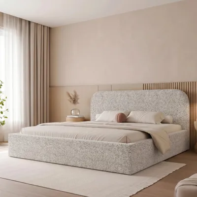 Productafbeelding van Gestoffeerd bed FUZZI, 140x200 cm, lichtgrijs, met opbergruimte en lattenbodem