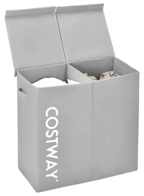 Image de Panier à linge de 105 litres avec couvercle en bois et 2 compartiments - gris