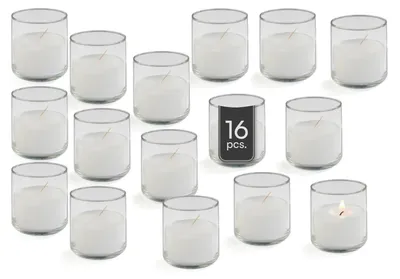 Produktbild von Kerzen im Glas - Ø 7 x H 8 cm - Weiß - Glas - Paraffinwachs - selbstlöschend - 16er Set
