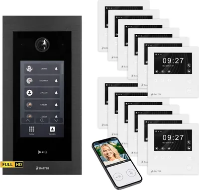 Produktbild von BALTER EVO HD Touch Video Türsprechanlage Schwarz 12x 4.3 Zoll Mini HD WiFi Monitor Weiß Set für 12 Familienhaus