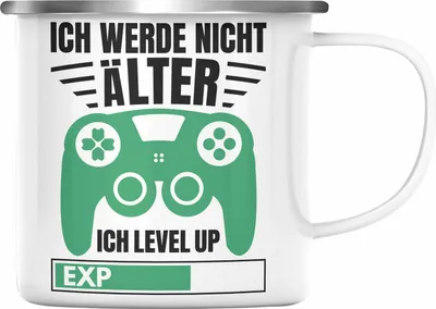 Produktbild von Trendation - Zocker Emaille Tasse Geschenk Gamer Geschenkidee Lustiger Spruch Gaming Geburtstag Ich Level Up (Silber)